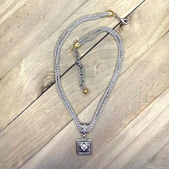 Double Strand Pendant Necklace Silver Gold Tone Adjustable Length - Picture 3 of 3